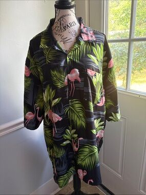 Casual Black Flamingo & Palm Print Button-Down Shirt